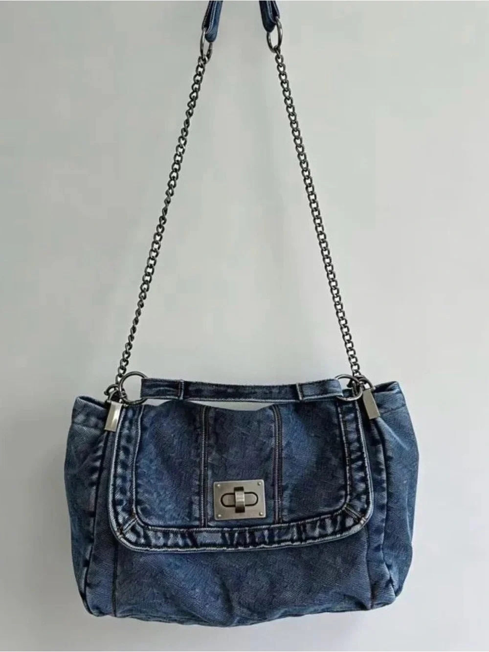 Denim Shoulder Bag with Chain Strap in Blue